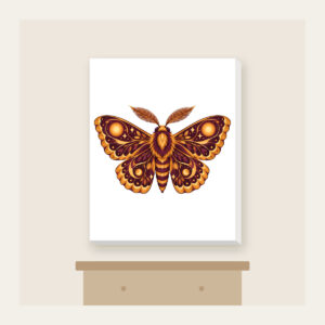 Glowing Amber Moth Canvas Print in white: A large moth with intricately patterned wings, each marked with a glowing circle in amber and plum.