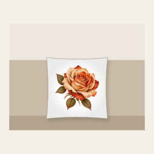 Single Desert Rose Pillow in white: One large rose in sand and rust tones with a few leaves.