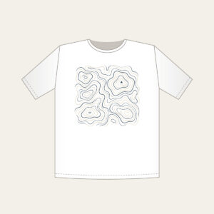 Topographic Contour Lines with a Single Peak T-Shirt in white: Topographic contour lines in slate and cream with one small peak mark.