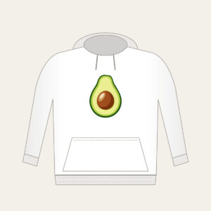 Halved Avocado Study Hoodie in white: An avocado cut open in leaf green, with a warm brown pit and a pale cream highlight.