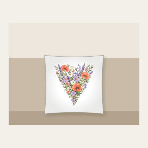 Wildflower Meadow in Coral and Lilac Pillow in white: A single tall wildflower meadow in coral, lilac, green and cream narrows to a point at the lower edge.
