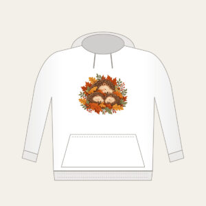 Sleeping Hedgehogs in Autumn Leaves Hoodie in white: Little hedgehogs curl up asleep among fallen leaves in brown, rust and sage.