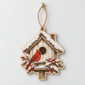 Snowy Birdhouse Wood Ornament with a little birdhouse with a cap of snow and a single red bird in red, brown and white