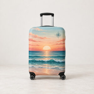 Sunrise Coast Luggage Cover with all-over coastal sunrise bands in peach, coral and teal with tiny waves and a small compass rose