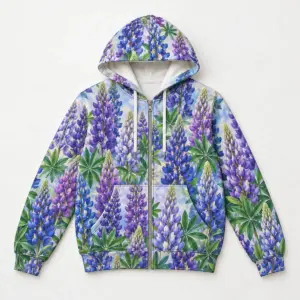 Lupine Field Zip Hoodie with all-over lupine flower spikes in violet and blue with green leaves