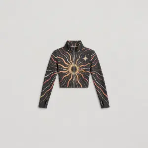 Women's Fitted Zip Sports Jacket with Sun Lines with all-over sun lines in coral, gold and white on charcoal with a small star near the chest