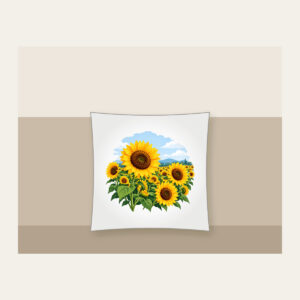 Sunflower Field Under a Pale Sky Pillow in white: A field of yellow and brown sunflowers beneath a pale blue sky.