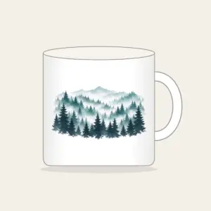 Pine Rows Fading into Mist Mug in white: Rows of pine silhouettes recede into mist in slate, teal and white.