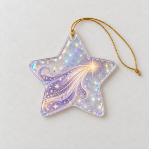 Comet Trail Star Ornament with a comet with a long tail of stardust in lilac and gold across a star-shaped ornament