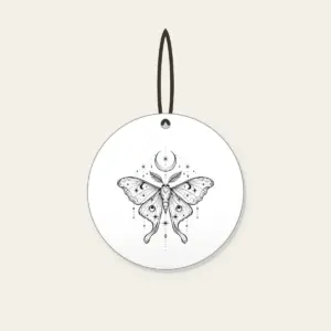 Moth, Stars and Crescent Moon Linework Ceramic Ornament in white: A fine-line moth rests among tiny stars and a crescent moon in black.