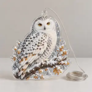 Snowy Owl Hanging Light with a snowy owl on a branch printed in white, slate and amber with falling snowflakes