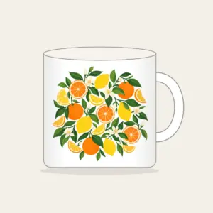 Citrus Slice Sorbet Pattern Mug in white: Citrus slices and leaves in orange, lemon and green spread across cream.