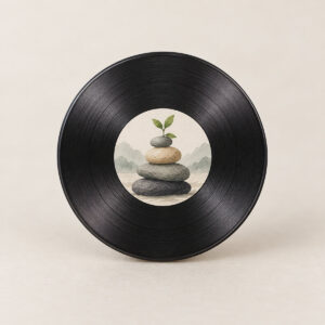 Pebble Cairn Phone Grip with stacked cairn stones with a tiny sprout on top in grey, sand and green