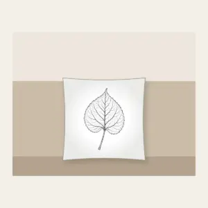 Single Leaf Study in Black Line Art Pillow in white: A single leaf and stem in fine black line art, edged with a thin border.