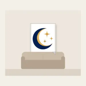 Golden Crescent and Three Stars Fleece Blanket in white: A gold crescent moon and three small stars sit on deep navy.