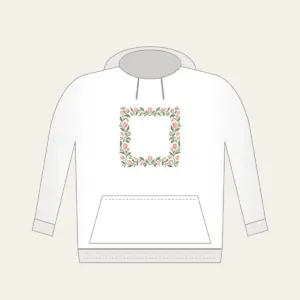 Sage Vine and Tulip Border Hoodie in white: A border of curling sage vines and blush tulips around an empty center.