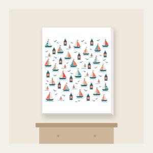 Tiny Sailboats and Harbour Lanterns Canvas Print in white: Tiny sailboats and harbour lanterns repeat in teal, coral and cream.