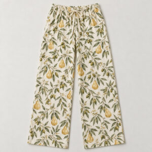 Women's loose pajama pants printed with sage olive branches and tiny pears