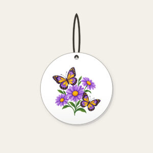 Two Butterflies and Three Daisies Ceramic Ornament in white: Two butterflies hover near three daisies in purple and yellow.