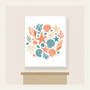 Scattered Shells and Starfish on Sand Canvas Print in white: Coral, cream and teal shells and starfish are tossed across a pale sand background.