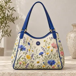 Cream shoulder handbag with painterly wildflower print and cobalt trim