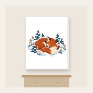 Sleeping Fox Among Snowy Pines Canvas Print in white: A fox curled asleep in a snowbank with tiny pines, in rust, cream and slate blue.