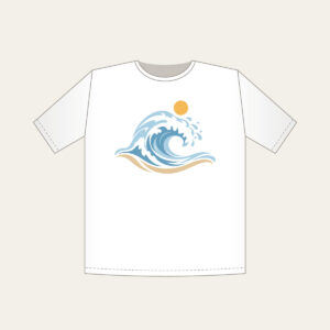 Curling Wave and Little Sun T-Shirt in white: A curling wave in white, pale blue and sand with a small sun disc above.