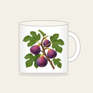 Fig Branch with Plump Purple Figs Mug in white: A fig branch carrying plump purple figs and broad green leaves on a cream ground.