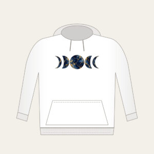Gold-Veined Navy Marble with Moon Phases Hoodie in white: A marbled navy field with gold veining and a row of five moon phases in the center.