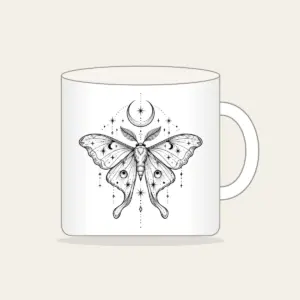 Moth, Stars and Crescent Moon Linework Mug in white: A fine-line moth rests among tiny stars and a crescent moon in black.