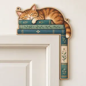 Corner Reading Cat Sign with a cat sleeping on a stack of three books in warm brown and teal, drawn to fit a corner