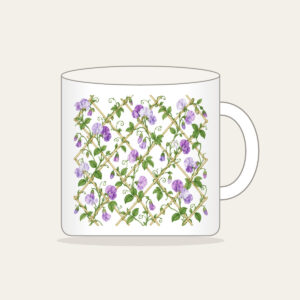Sweet Peas Climbing a Lattice Mug in white: Sweet peas climb an all-over lattice in lilac and green on cream.
