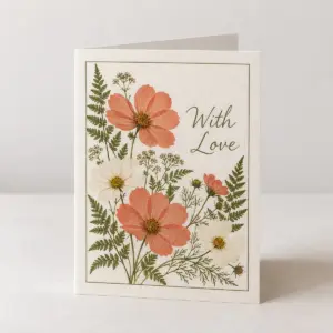 Pressed Flower Greeting Card with a framed pressed-flower design of cosmos and ferns in coral, white and green and the exact text "With Love"