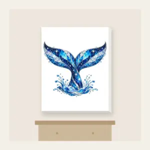 Whale Tail with Prismatic Shimmer Canvas Print in white: A whale tail in blue and silver with tiny stars and a prismatic broken-glass shimmer.