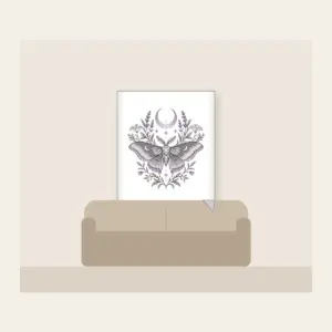 Moth and Crescent Moon with Herb Sprigs Fleece Blanket in white: A moth beneath a crescent moon with delicate herb sprigs in silver grey and pale lilac.