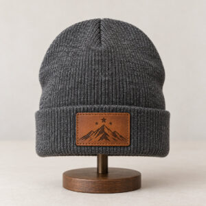 Charcoal Starry Peak Engraved Leather Patch Beanie with engraved-look artwork on a rectangular leather patch of a mountain peak and three stars, Rec_RDBrown style patch, Dark Heather Grey beanie