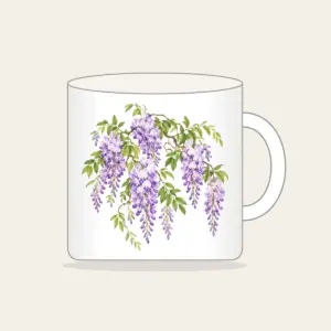 Cascading Wisteria Blossoms Mug in white: Lilac wisteria blossoms cascade across a pale ground, threaded with fresh green leaves.