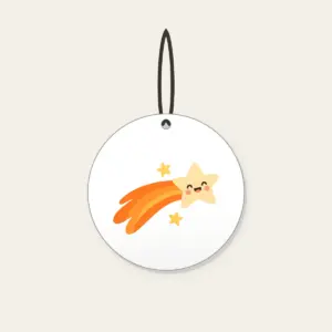 Cheerful Comet with Two Stars Ceramic Ornament in white: A cheerful cream comet with an orange curved tail and two pale-yellow stars.