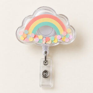 Confetti Cloud Shaker Badge Reel with a cloud-shaped clear shaker window with tiny pastel confetti and a printed rainbow arc in coral, butter yellow and mint