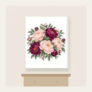 Blush and Plum Peony Garden Canvas Print in white: Peonies and leaves in blush, plum and sage fill the artwork edge to edge.