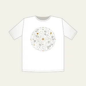 Map Lines with Blooms and Stars T-Shirt in white: Winding map lines carry small blooms and stars in sage, cream and ochre.