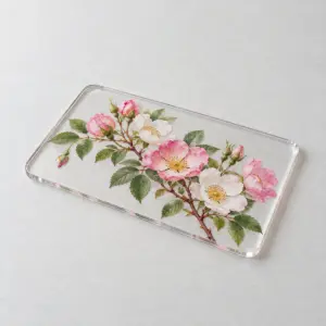 Wild Rose Acrylic Card with a wild rose branch with blossoms in pink and white with green leaves