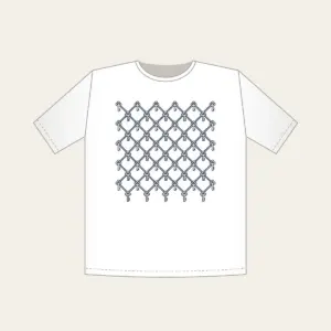 Navy Lattice with Tiny Keys T-Shirt in white: A lattice of thin navy lines on cream, with a tiny repeating key motif.