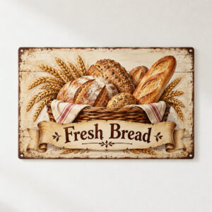 Fresh Bread Bakery Metal Sign with a baker's bread basket with loaves and wheat in warm brown and cream, a banner with the exact text "Fresh Bread"