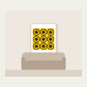 Nine Sunflowers in a Yellow Grid Fleece Blanket in white: A neat three-by-three grid of nine sunflower circles in black and golden lines on a yellow ground.