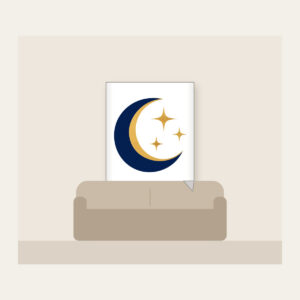 Golden Crescent and Three Stars Fleece Blanket in white: A gold crescent moon and three small stars sit on deep navy.