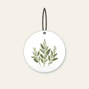 Three Pressed Sage Sprigs Ceramic Ornament in white: Three sage sprigs in cream and pale green with tiny dotted stems, like a page from a pressed-botanical album.
