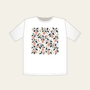 Pear Branches and Crescent Moons T-Shirt in white: Pear branches, tiny crescent moons and stars repeat in dusty rose, gold and deep navy.