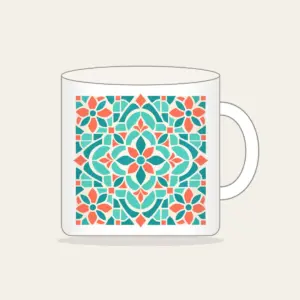 Aqua and Coral Mosaic Tiles Mug in white: Mosaic tiles in aqua, coral and cream fit together across the artwork.