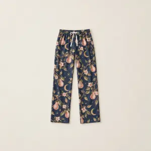Evening Orchard Straight Pajama Pants with all-over pear branches and crescent moons in dusty rose, gold and navy